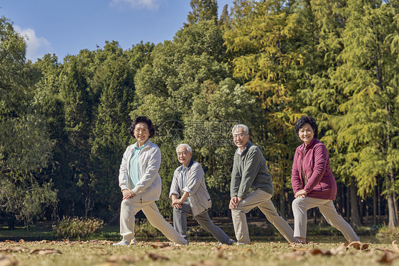 老年人组团公园里运动拉伸图片