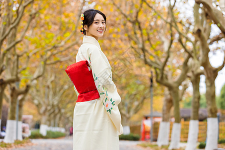 日本传统秋季户外和服女孩写真背景