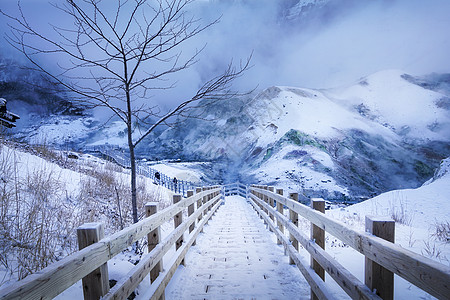 日本北海道雪地栈道旅游风光高清图片