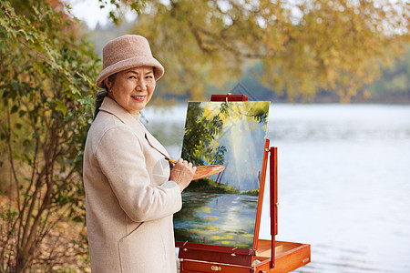秋季老人公园里画油画图片