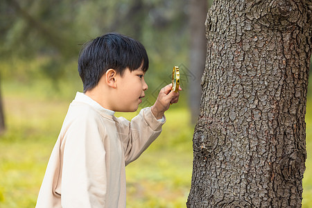 模特写真秋季小男孩公园里拿放大镜观察植物背景