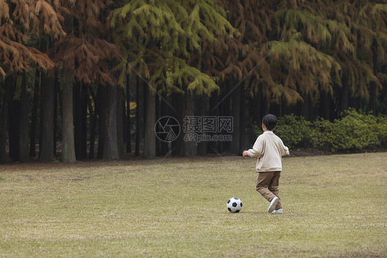 秋季小男孩公园里踢足球背影图片