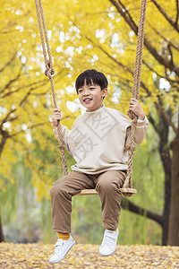 秋色银杏树下小男孩欢乐荡秋千图片