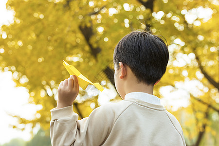 中国飞机秋季小男孩银杏树下扔纸飞机背景