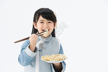 穿着淡蓝色古装的可爱小女孩吃饺子图片