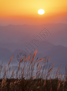 山顶景色清晨得云海朝阳和山脉背景