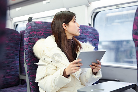 火车旅行女性在火车车厢里使用平板电脑背景