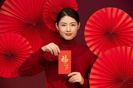 新年春节中国风国潮美女送红包图片
