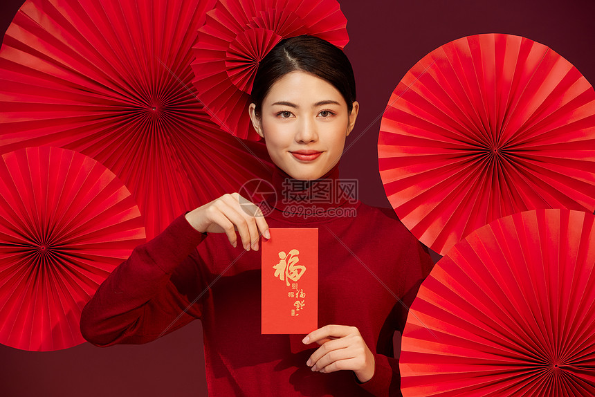 新年春节中国风国潮美女送红包图片