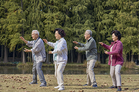 老年人公园里一起运动拉伸图片素材