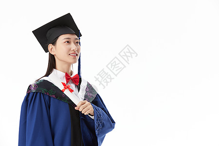 蓝色毕业证书手拿毕业证书的女硕士毕业生背景