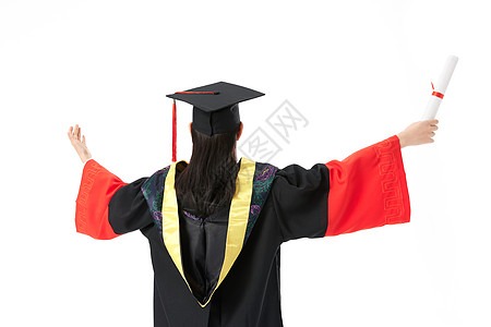 博士毕业生手举毕业证背影图片素材