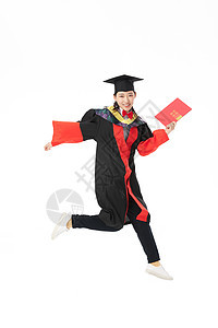 博士毕业生手拿毕业证书跳跃动作文凭高清图片素材