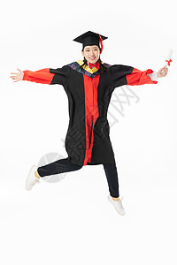 博士毕业生手拿毕业证书跳跃动作模特高清图片素材