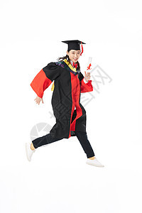博士毕业生手拿毕业证书跳跃动作毕业季高清图片素材