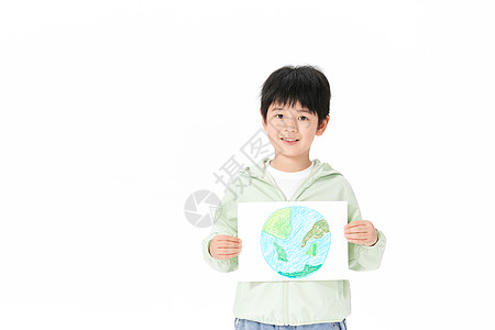 手绘人展示手绘地球的小男孩背景