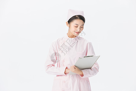 手绘美女护士女性护士职业形象拿文件夹背景