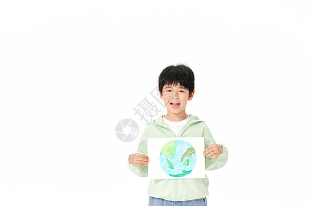 小男孩开心的双手展示地球手绘画图片