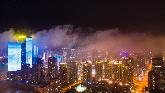 海雾青岛城市风光夜景航拍背景