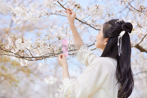 古风汉服樱花美女挂风铃许愿图片