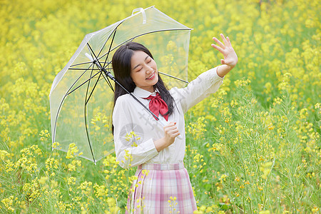 春季油菜花田可爱少女背景图片