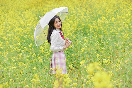 春季油菜花田可爱少女背景图片