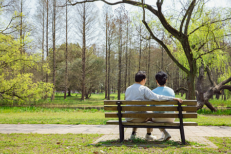 老年夫妇坐在公园长椅背影背景