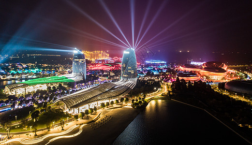 度假酒店夜景海南海花岛双子塔酒店夜景灯光秀背景