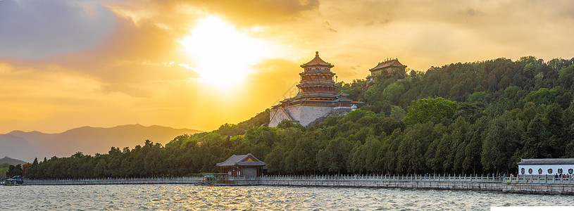 大气园林日落下的北京颐和园风光背景