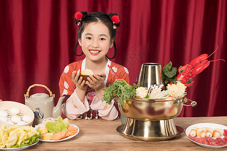 东方儿童古装小女孩吃火锅背景