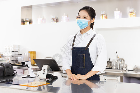 饮品店女性服务员戴口罩服务图片