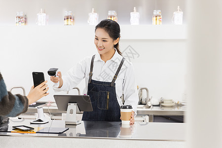 前台收款奶茶店服务人员前台扫码收款背景