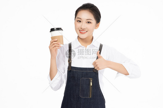 女服务员拿奶茶点赞图片