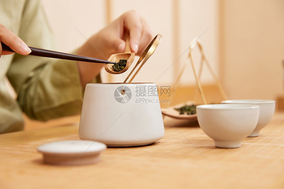 茶道茶艺美女盛筛茶叶特写图片