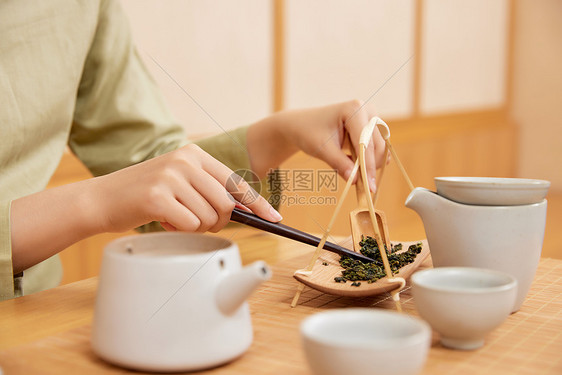 茶道茶艺美女筛茶叶图片