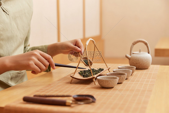 茶道茶艺美女盛筛茶叶特写图片