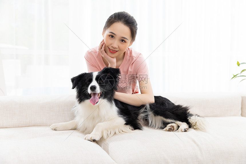 美女和宠物牧羊犬亲密陪伴形象图片