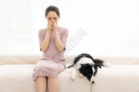 美女孕妇宠物相伴感冒流鼻涕图片