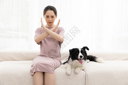 美女孕妇宠物相伴禁止手势高清图片