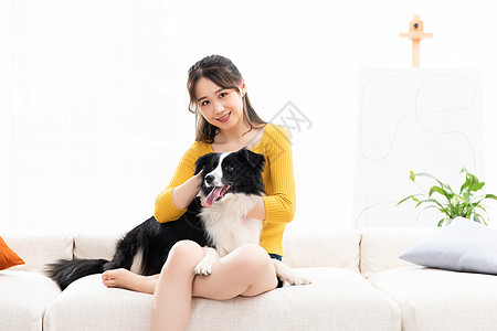 美女和宠物牧羊犬沙发上玩耍图片