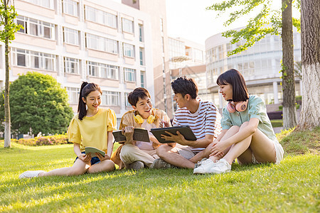 年轻大学生在草坪上讨论问题图片