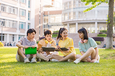 年轻大学生在草坪上讨论问题图片