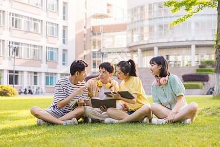 年轻大学生在草坪上讨论问题图片