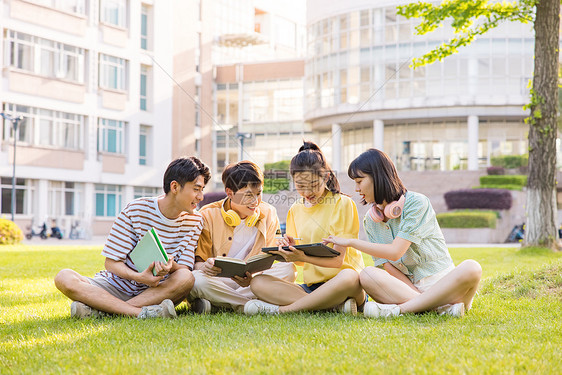 年轻大学生在草坪上讨论问题图片