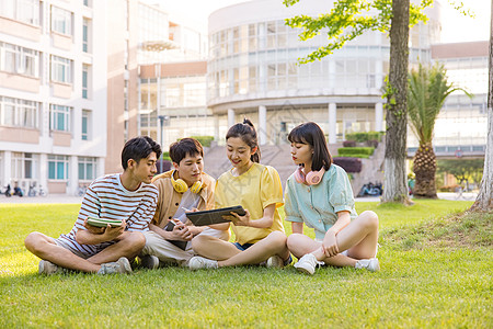 年轻大学生在草坪上讨论问题图片