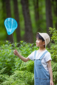 小男孩在森林溪边玩水图片