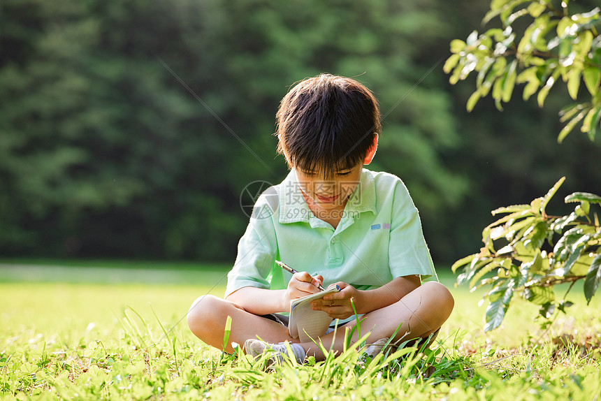 小男孩坐在草地上画画图片