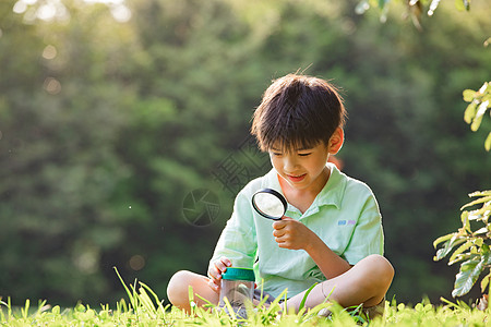 儿童节促销小男孩坐在草地上用放大镜观察背景