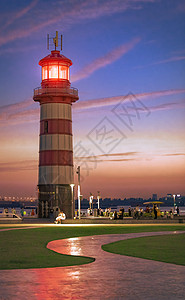 舟山灯塔南京鱼嘴湿地公园夜景晚霞中的灯塔背景