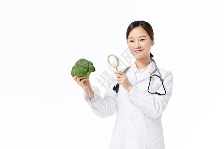 蔬菜插画营养学家手拿放大镜观察蔬菜西兰花背景